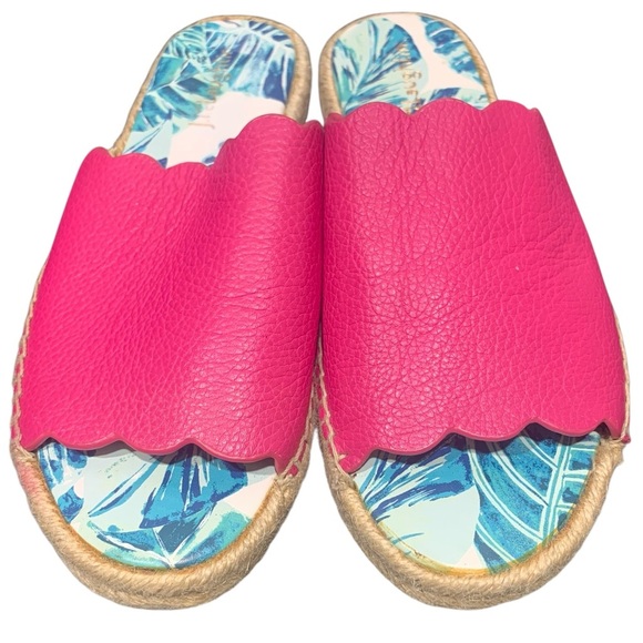 J. McLaughlin Pink Peony Tropical Aries Leather Slide Sandals sz 7.5 - Picture 7 of 12